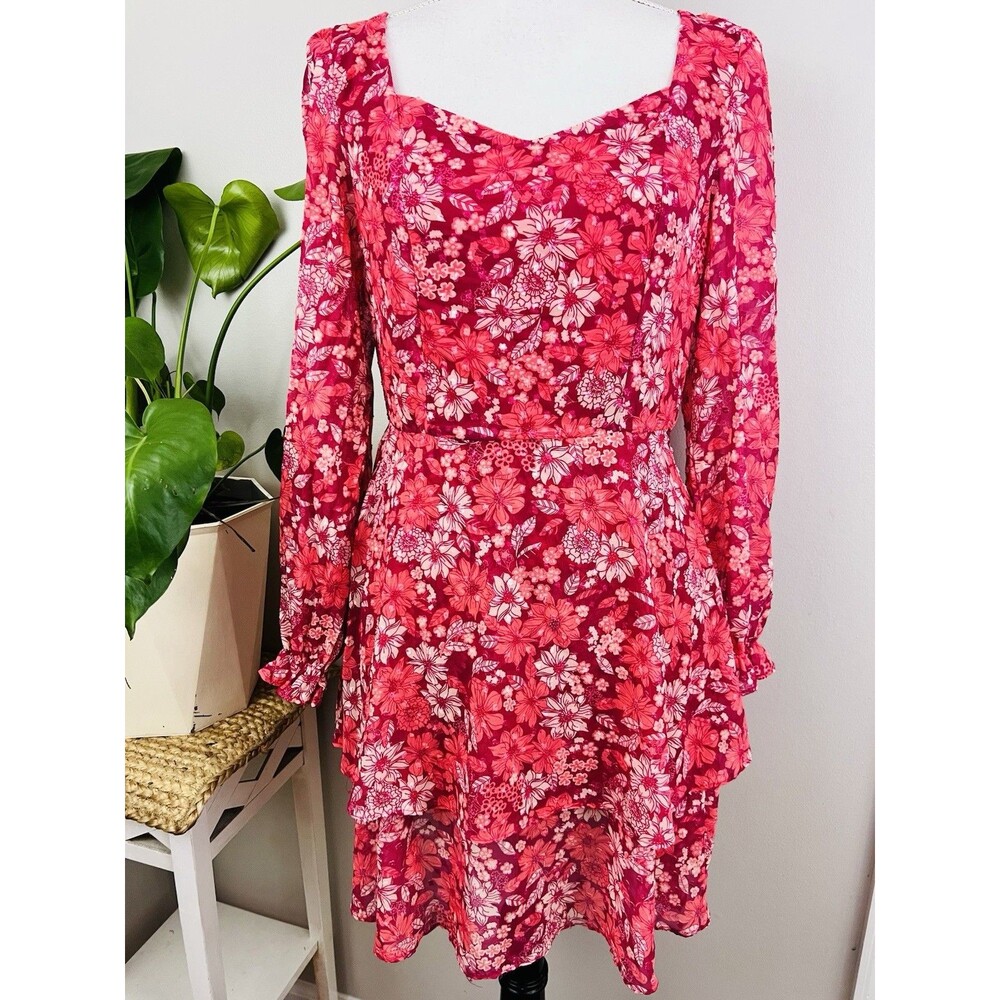 Peach Love Pink Floral Tiered Ruffly Romantic Long Sleeve Mini Dress Size Medium